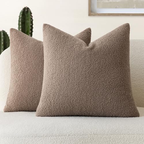 Image of Foindtower Pack of 2, Curly Faux Fur Decorative Throw Pillow Covers Soft Neutral Plush Cushion Case with Zipper Cozy Modern Pillowcase for Home Living Room Couch Bed Sofa 20 x 20 Inch, Chocolate