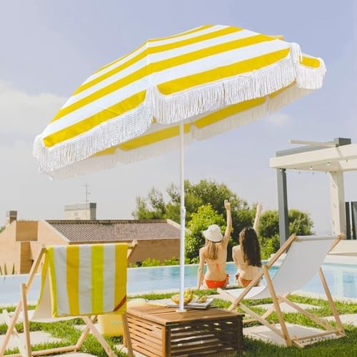 Outdoor Patio Umbrella With Fringe - Holiday Beach Yellow And Whi...