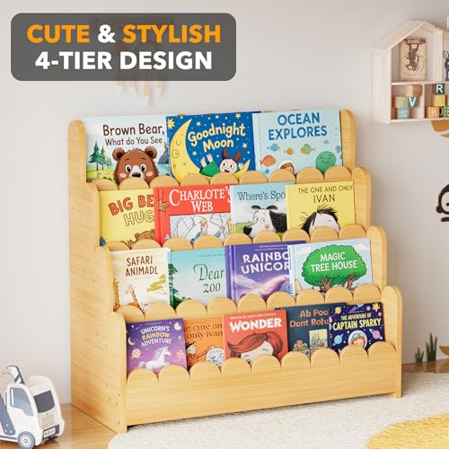 Image of SpaceAid 4-Tier Scalloped Bookshelf, Montessori Bookcase for Toddlers, Wooden Book Shelf Organizer Display Furniture for Kids Rooms, Playroom, Nursery and Classroom, 29.6 inch Wide, Natural