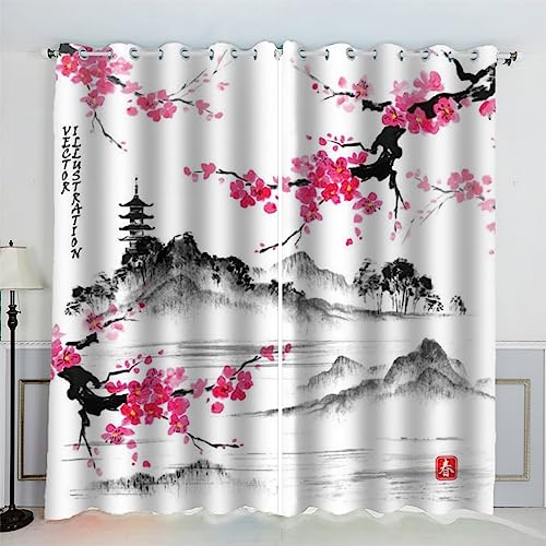 AKATIE Style Japonais Rideau Occultant Lot de 2 Chambre Enfant Fille Garcon 3D Impression Branche De Cerisier Motif Rideaux Acoustiques Opaque Petites Fenêtres Décoration （140x160 cm）