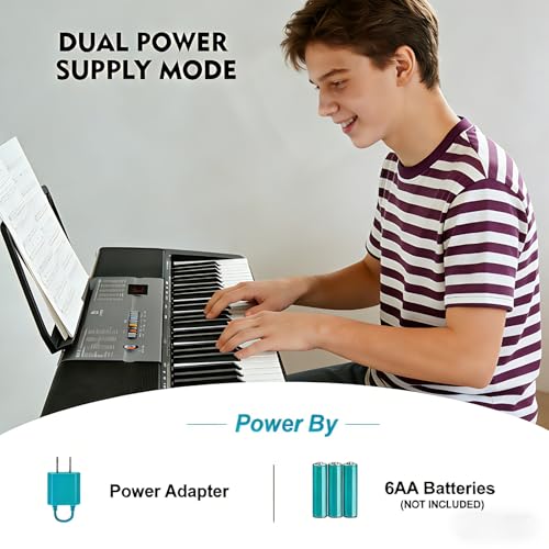 Image of MUSTAR 61 Key Piano Keyboard, Electric Piano Keyboard with Lighted Up Keys, Learning Keyboards Piano for Beginners With Piano Stand, LCD Screen, Headphones, Microphone (Black with Stool)