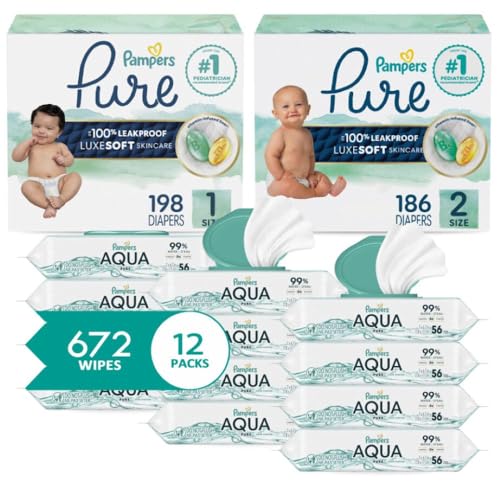 Image of Pampers Pure Protection Disposable Baby Diapers Starter Kit (2 Month Supply), Sizes 1 (198 Count) & 2 (186 Count) with Aqua Pure Sensitive Wipes, 12X Pop-Top Packs (672 Count)