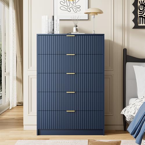 Image of Furniway Blue Dresser for Bedroom, Modern Dresser with 5 Drawers and Smooth Slides, Wide Chest of Drawers with Golden Handles for Bedroom, Living Room, Closet, 15.7 inch D x 31.5 inch W x 47.2 inch H