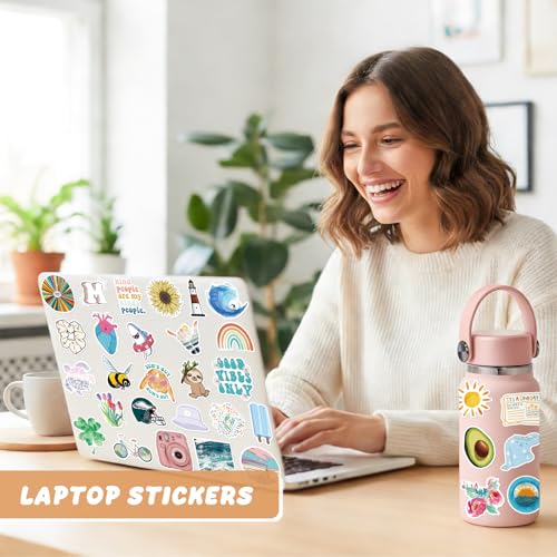 Image of Water Bottle Stickers 200 Pcs Cute Aesthetic Sticker Pack, Waterproof Vinyl Stickers for Water Bottles, Laptop, Scrapbook, Journal, Luggage, Tumbler, Skateboard, Guitar, Notebook, Tablet, Bike, etc