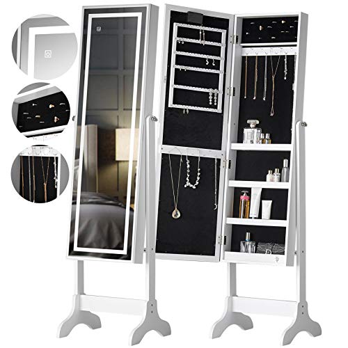 Renee Libre de Pie de Longitud Completa Mueble de Joyería de Espejo de Dormitorio Con Luces LED Táctiles y Organizador de Almacenamiento de Estantes Para Maquillaje y Cosmética (Blanco)
