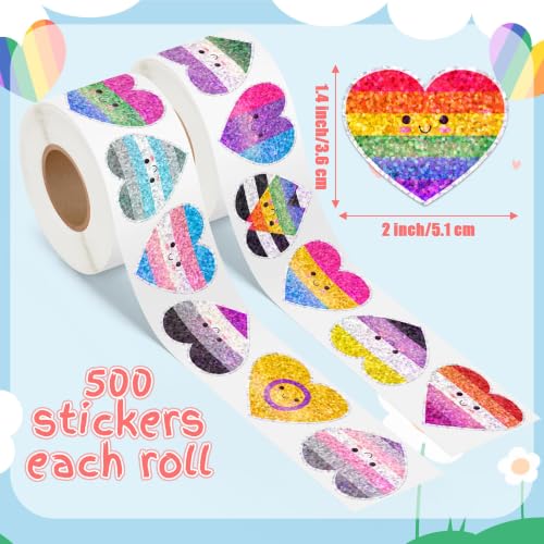 Image of LGBTQ Glitter Heart Sticker - 2Rolls Pride Month Smile Design Waterproof Self Adhesive Residue Free Removal for Laptop Water Bottle Scrapbook LGBTQ Gay Bar Party Decoration Craft Decor