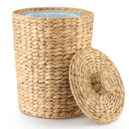 Tidita 4 Gallons Wicker Waste Basket - Water Hyacinth Bathroom Garbage Can with a Lid - Bathroom Trash Can Boho Style - Wicker Trash Can with Lid for Household, Kitchen - Removable Liner, Iron Frame