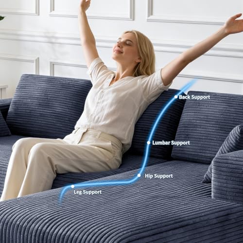 Image of 106 inch Corduroy Sectional Couch, Boneless L Shaped Couch with Deep Seat, Cloud Foam Sofa with Oversized Chaise, Sectional Sofa No Assembly Needed for Living Room