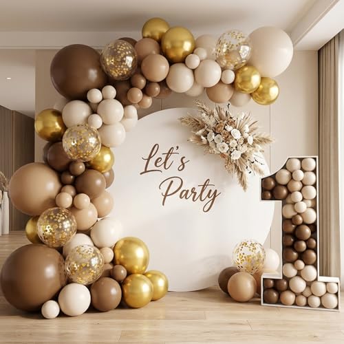 Image of RUBFAC Brown Balloon Garland Arch Kit 129pcs Different Sizes Pack of 18 12 10 5 Inch, Latex Light Brown Coffee Sand White Cream Beige Confetti Gold Balloon Garland Arch Kit for Neutral Boho Bear