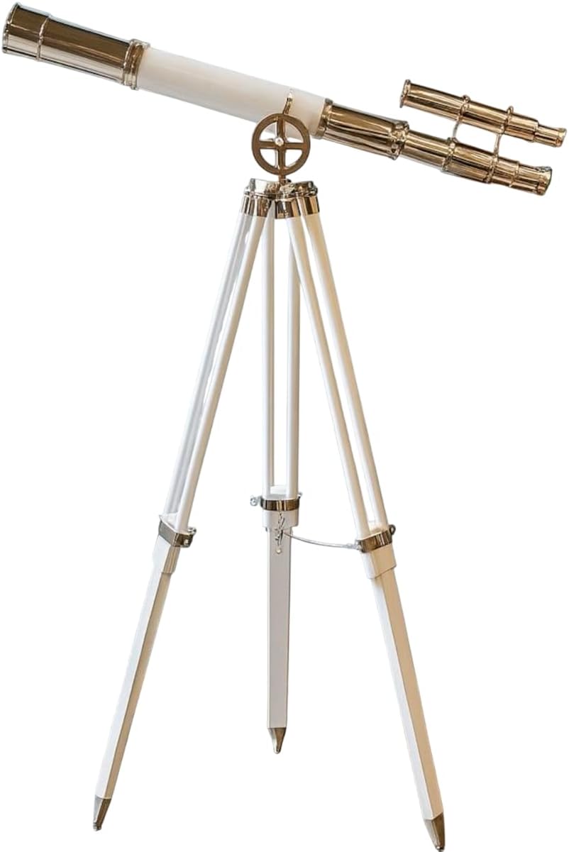 Vintage Brass Telescope on White Tripod – Engraved Nautical Spyglass | Maritime Décor | Coastal Home Accent | 51” Antique Telescope Gift