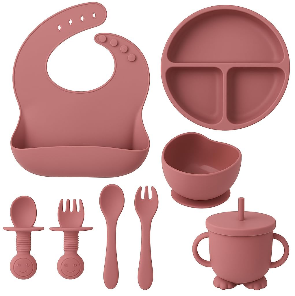 Silicone Baby Feeding Set - Baby Led Weaning Supplies - Baby Spoons, Suction Bowl - Plate, Baby Utensils, Silicone Feeding Set for Baby First Foods, Infant Eating - 8pcs in 1 set - Multi-image-21
