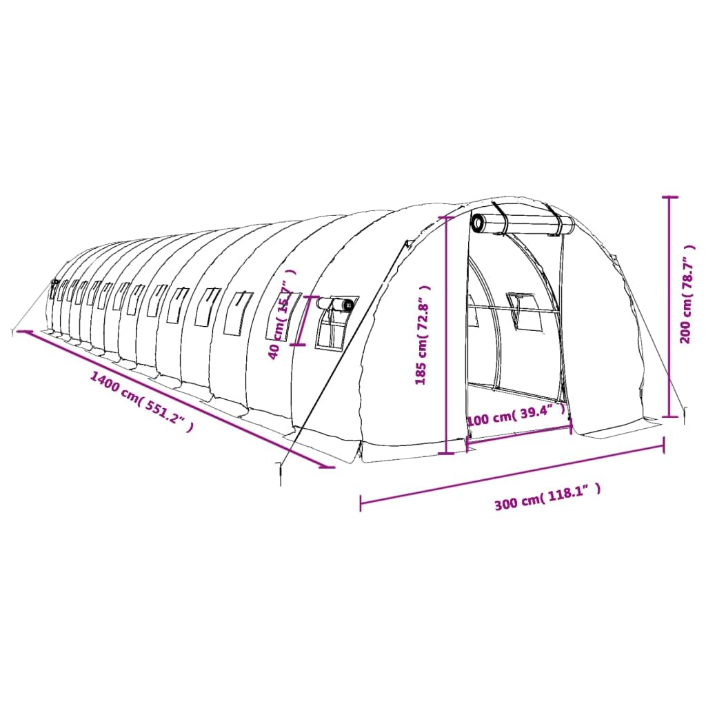 Invernadero con estructura de acero blanco, 42 m², 14 x 3 x 2 m, túnel de polietileno con puerta con cremallera y 4 ventanas de malla, para cultivo, siembra e invernada