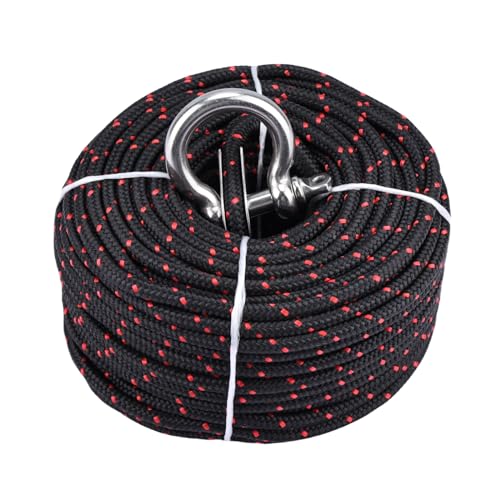YaeMarine 3/16\" x 100\' Boat Marine Premium Anchor Rope Anchor Line with Stainless Steel Thimble & Shackle for Electric Winches (Black/Red)