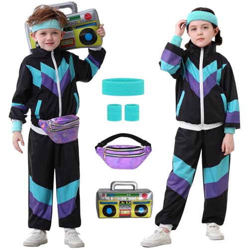 Ezuwail Kids 80s 90s Outfit for Boys Girls 6Pcs Unisex Retro Windbreaker for Toddler Workout Hip Hop Dance Tracksuit Costume Sets for Sportswear Streetwear