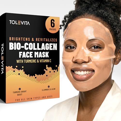 Image of TOLEVITA Turmeric & Vitamin C Bio-Collagen Face Mask for Brightening & Radiance - 6 Pack, Overnight Hydrogel Mask for All Skin Types (Yellow)
