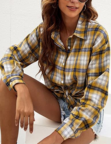 Image of HangNiFang Womens Flannel Plaid Shirts Oversized Button Shirts Blouse Tops