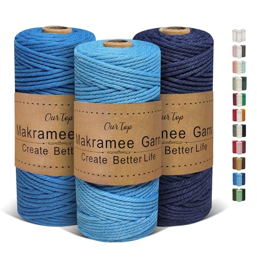 OurTop Corde Macramé 3mm x 100m, Set de 3 de Fil Macramé Macrame Corde pour Bricolage, Artisanat, Tapisserie, Décoration Boho(Bleu Ciel, Bleu, Bleu...