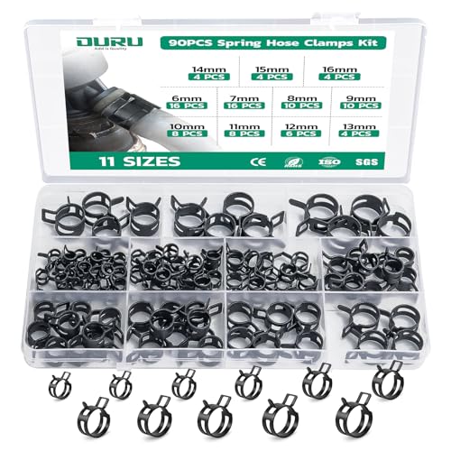 OURU 90PCS 6-16mm Spring Band Hose Clamps Assortment kit, Constant Tension Hose Clamps for Fuel Lines, Silicone Vacuum Hoses, Water Pipe, Low-Pressure Air Clips