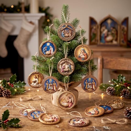 Image of Vercraft 24 Pcs Nativity Scene Ornaments for Christmas Tree Wooden Religious Xmas 3D Decorations Star of Bethlehem Christian Scene Hanging Ornaments Gifts for Christmas Garden Yard Outdoor Home Decor