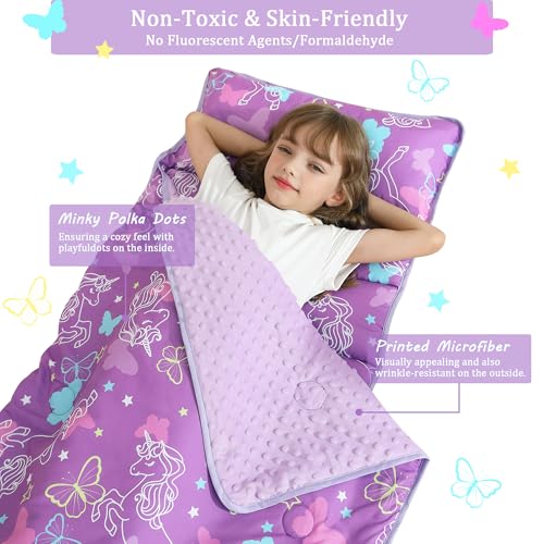 Toddler Nap Mat for Preschool 50''x30'' Sleeping Mat with Removable Pillow and Minky Blanket for Kids Ages 3-7 Roll Up Soft Sleeping Bag for Boys Girls Kindergarten Daycare Sleepover - Purple Unicorn by lasoftan - Image 2