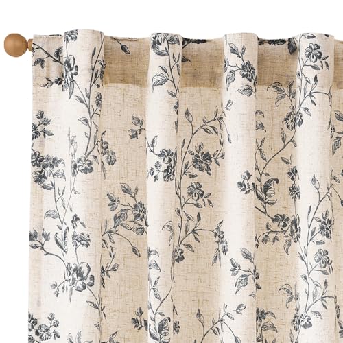 Lazzzy Black Vintage Floral Linen Curtains Farmhouse 38W X 84L 2 Panels