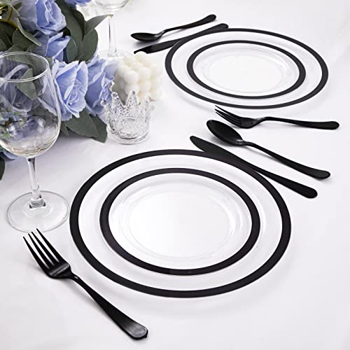 U-Qe 120Pcs Clear And Black Plastic Plates - Black Disposable Plates - Plastic Disposable Plates For Party Supplies Including 60 Dinner Plates 10.25 '' & 60 Dessert Plates 7.5 '' For Happy New Year #TOP6
