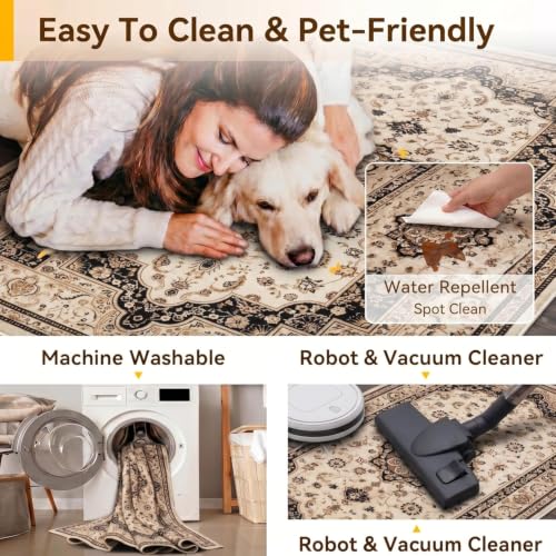 Image of Medallion Vintage Look Carpet for Living Room Bedroom Dining Room | Washable Area Rug with Non Slip TPR Backing | Modern Floor Carpet for Home(Design07-6x9 Feet)