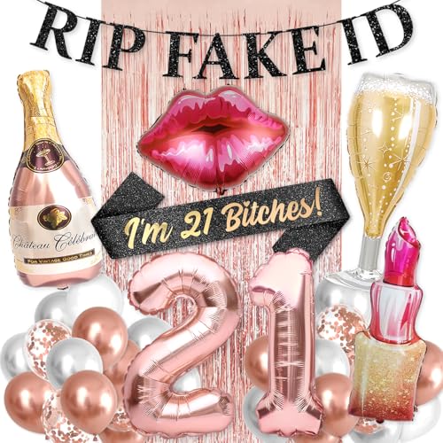 Image of PartyForever 21st Birthday Decorations for Her RIP FAKE ID Banner with Supplies Big Set with and 21 BDay Digit Balloons for Women with Black Glitter Sash