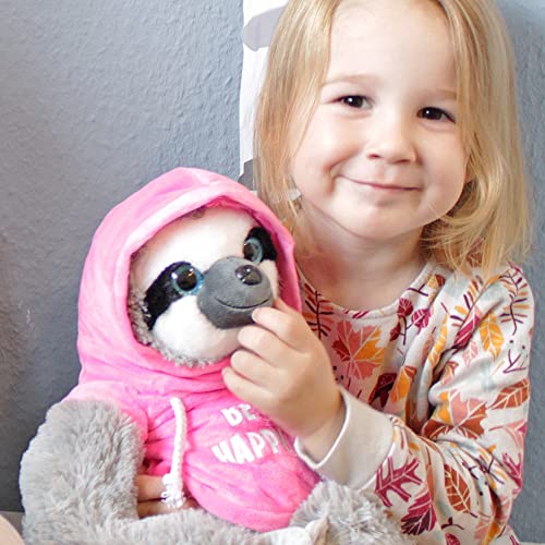 BEMIRO Faultier Kuscheltier rosa mit Pullover Be Happy - ca. 50 cm, Faultier Kuscheltier mit Pulli, Kletthände zum anhängen, Plüschtier Faultier mit Hoodie
