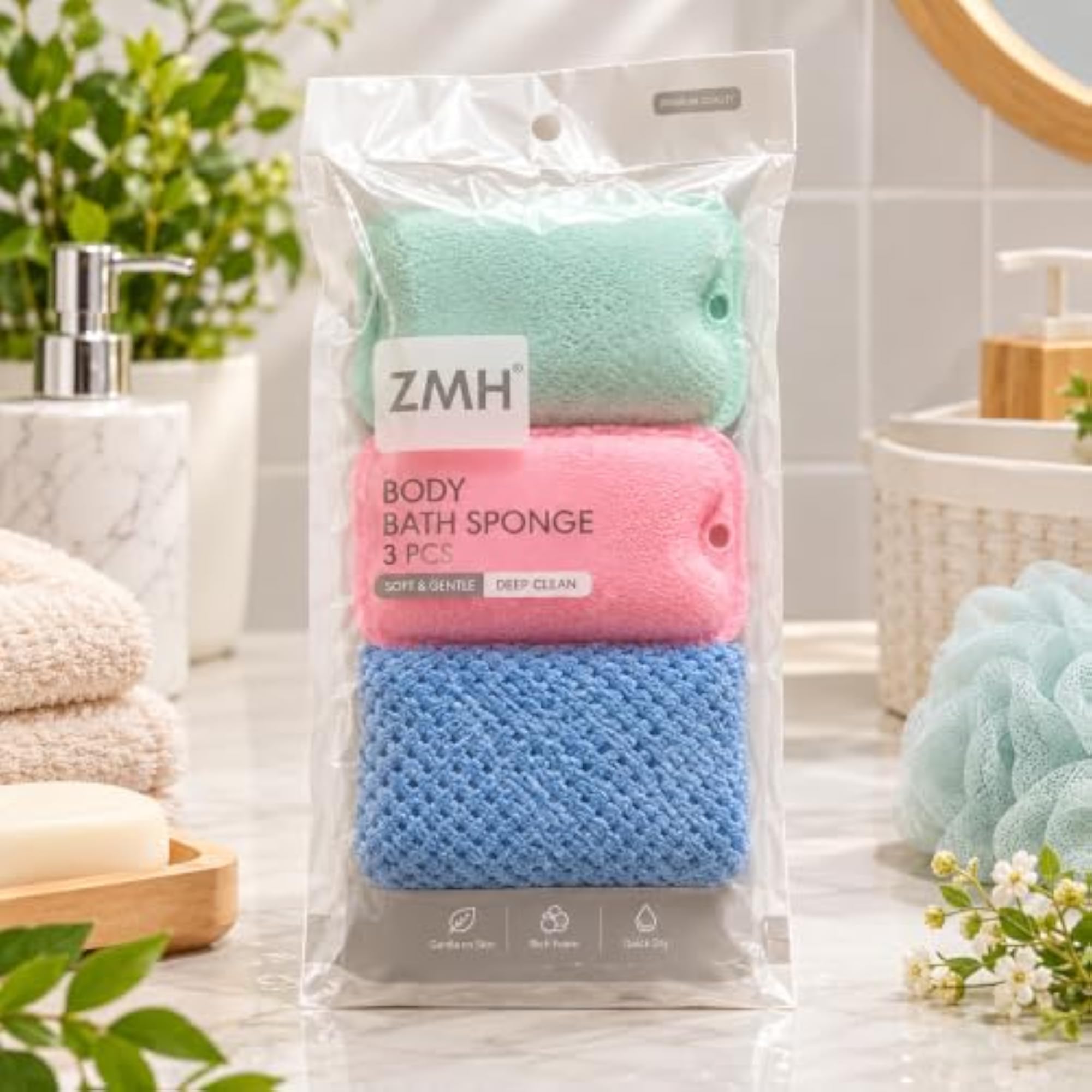 3-Piece Bath Sponge Set, Soft Exfoliating Shower Loofah