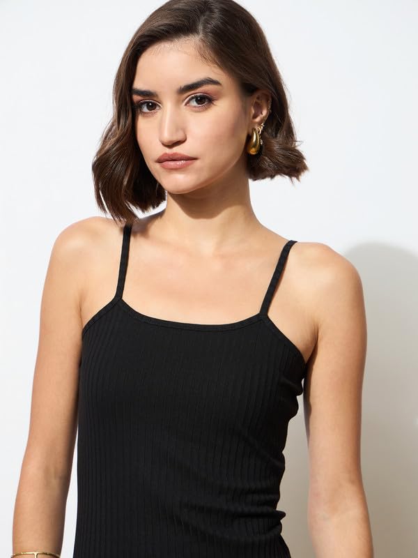 Image of barcino Black Rib Strappy Slip-on Dress