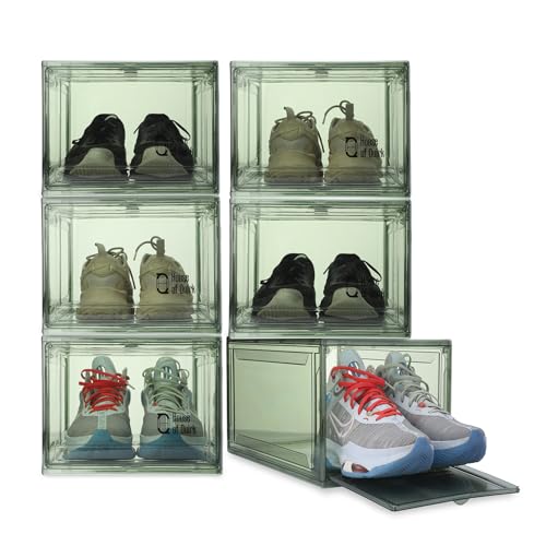 Image of House of Quirk Shoe Organizer, Shoe Storage Boxes, Large Shoe Boxes with Magnetic Door, Clear Stackable Plastic Shoe Containers (Pack of 6, Green)