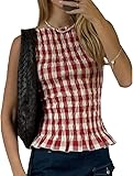 Shirred Tank Top Women Smocked Ruffle Frill Sleeveless Y2k Halter Peplum Top Cap Ruffled Going Out Tops Streetwear (Red Gingham, S)