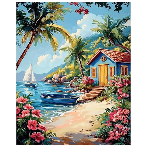 SASMoiyug Set di pittura a olio per adulti, fai da te con i numeri, per adulti, kit per pittura a olio, 40 x 50 cm, decorazione da parete (barca)