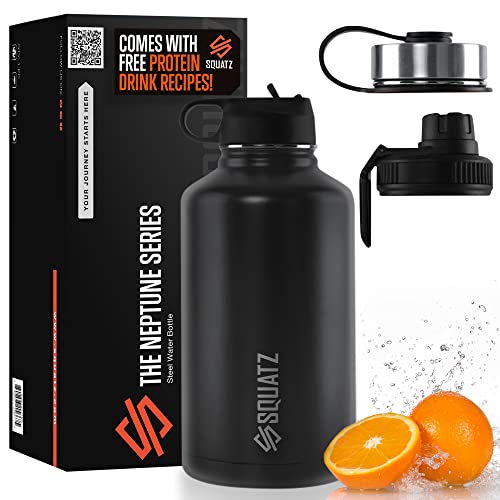 SQUATZ 64 Oz Neptune Series Steel Water Bottle, Stainless Double Wall Vacuum Insulated Flask with Handle Strap, Durable and Elegant Leak Proof Wide Mouth Thermos for Gym, Travel, Hiking, and Camping