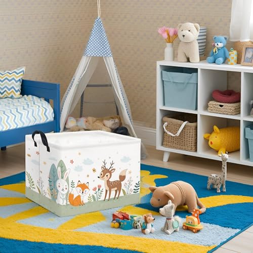 Image of Rectangular Kids Storage Basket Baby Storage Basket with Handles for Home Kitchen Boys and Girls Cute Toy Storage Bin Organizer Shelf Book Room Decor(Flower Animal)