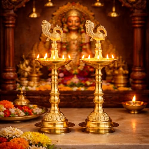 Image of Klassic 11 Inch Brass Kerala Diya Samai (Set of 2) | Traditional Peacock Kutthu Vilakku Oil Lamp | Panchmahal Deepam for Home Temple & Pooja Room | Ideal for Diwali, Festive Decor & Gifting
