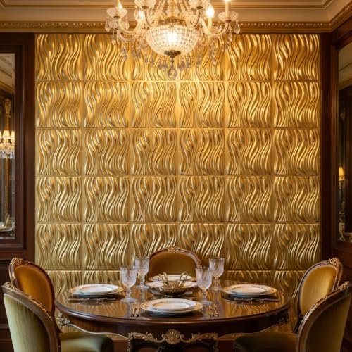 Image of Kayra Decor Luxury 3D PVC Wall Panels - Wave Pattern, Gold Finish | 19.7 inch x 19.7 inch | Pack of 40 | Covers 107.60 Sq. Ft. | Stylish Wall Cladding for Home & Office Interiors