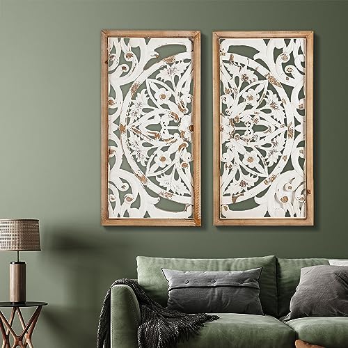 XIAOAIKA Carved Wood Wall Art Decor, 31.5 inch Hand Carving on Wood, Antique Distressed White Wood Panels Wall Art Decorative Sculpture Hanging Wall Décor, Elegant Wood Wall Art Plaque (2 Panels)