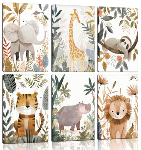 Image of 6Pcs Boho Baby Animals Wall Art Jungle Safari Canvas Paintings Cute Giraffe Elephant Lion Wall Decor Prints Inspirational Forest Animals Posters Pictures for Nursery kids Boys Bedroom Framed