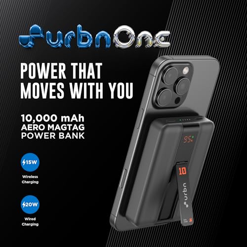 Image of URBN One Premium MagSafe Power Bank 10000mAh | 15W Fast Magnetic Wireless Charging | Built-in Detachable Type C Cable | Dual Port with Pass Through Charging (Black)