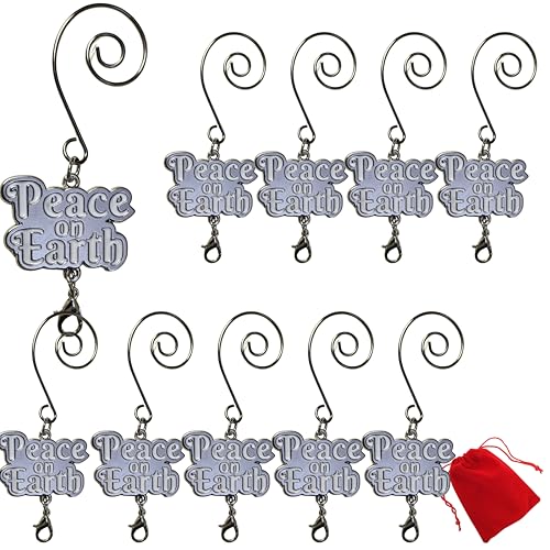 BANBERRY DESIGNS Peace On Earth Ornament Hook with S-Hook and Lobster Claw - Set of 10 - White Enameled Words - Xmas Accessories & Accents for Hanging Ornaments 3