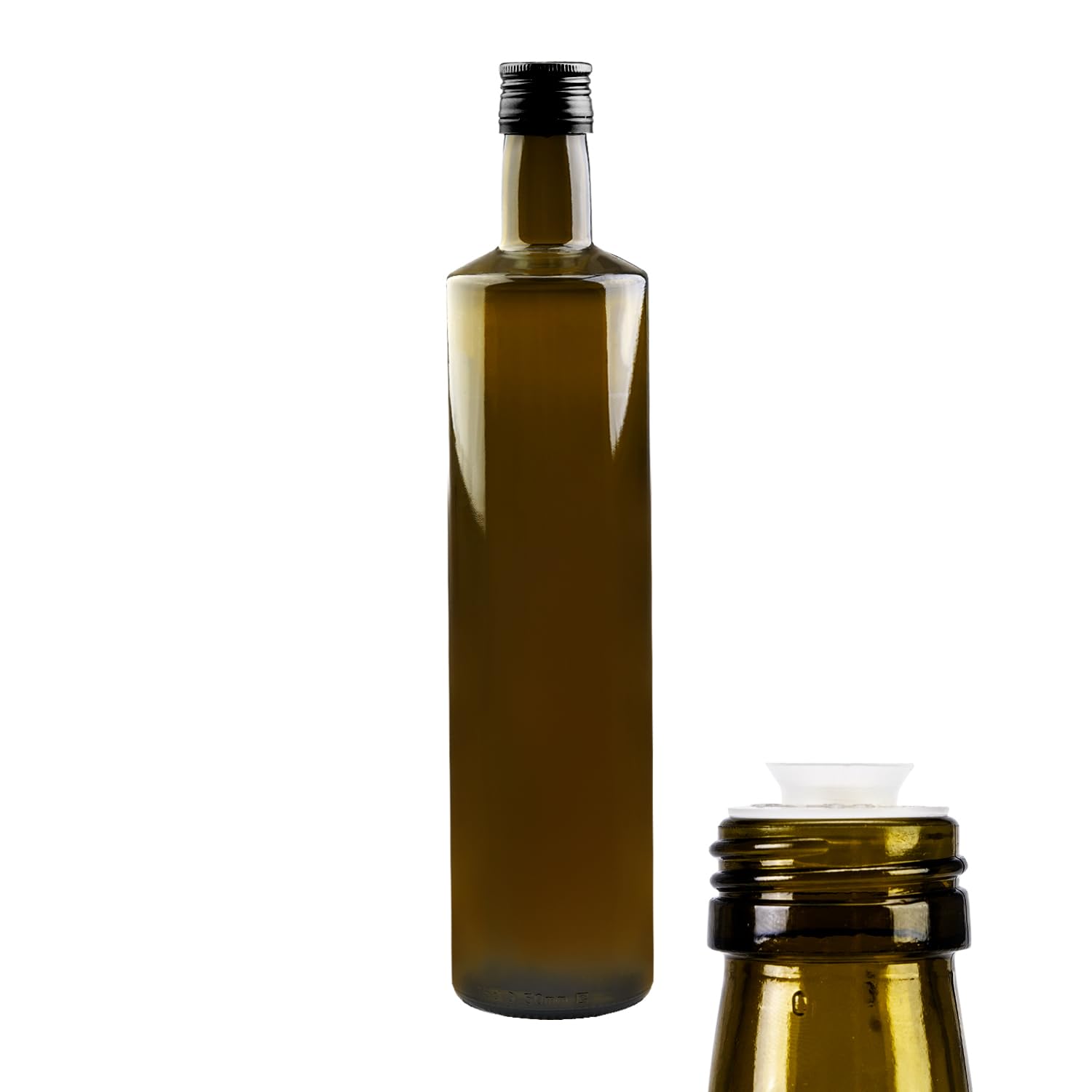 Botella de cristal de 750 ml, color verde oliva, botella de aceite, vinagre y botella multiusos, botella de cristal vacía para cocina, gastronomía (40 boquillas antigoteo)