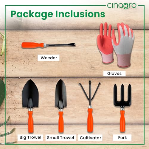 Image of Cinagro Garden Tools Kit (Set of 6) Weeder, 2 Trowels, Hand Fork, Cultivator, Gardening Hand Gloves | Gardening Tools Kit for Home Garden, Indoor and Outdoor Gardening for Plants and Soil