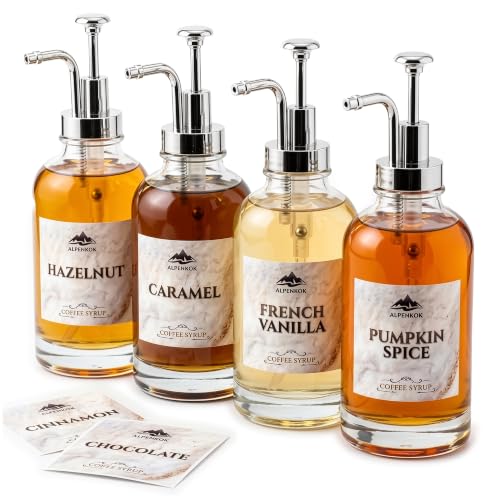 Image of Set of 4 Glass Syrup Bottle with Pump 16.9oz 500 ml - Thick Glass Syrup Dispenser for Coffee Bar with 18 Marked Labels, Leak-Proof, Easy Cleaning - Coffee Station Accessories for Home (Silver Pumps)