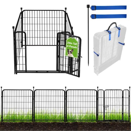 Image of ADAVIN 24 in(H) Garden Fence with Gate, 4 Panels Total 9.8 Ft(L), Heavy Duty Iron Metal Animal Barrier Fence, Camping Fence, No Dig Garden Border Fencing for Yard
