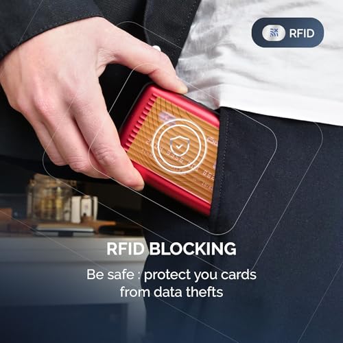 Image of OGON -DESIGNS- Aluminum card holder, RFID protection against fraud and demagnetization, compact wallet, Smart Case STOCKHOLM model (Aluminum Red, Extra-secure lock)