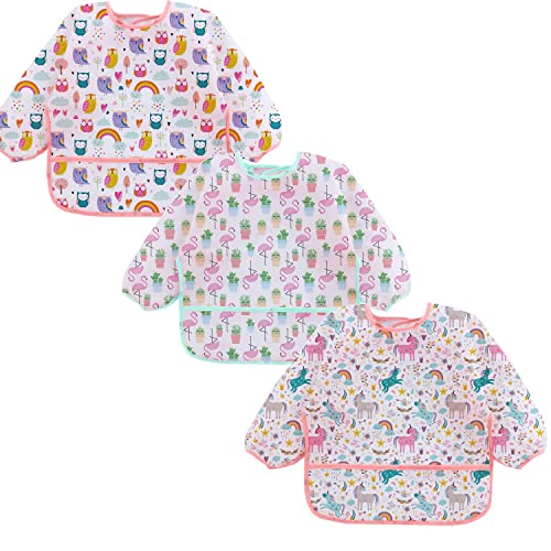 Yealoo 3 Pack Ärmellätzchen Wasserdicht Baby Lätzchen mit Lange Ärmeln für 3-36 Monate (Einhorn/Eule/Flamingo) Cover