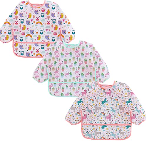 Yealoo 3 Pack Ärmellätzchen Wasserdicht Baby Lätzchen mit Lange Ärmeln für 3-36 Monate (Einhorn/Eule/Flamingo)