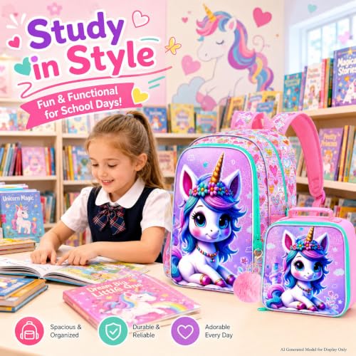 Image of CCJPX 16 inch Unicorn Backpack for Girls, 3Pcs Kids Bookbag with Lunch Box, Water Resistant Elementary School Bag for Kindergarten Preschool Toddler (Pink)